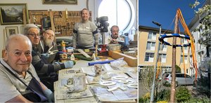 In der Werkstatt des Sophienheims kommen regelmäßig handwerklich interessierte Senioren zusammen, um unter Anleitung der Betreuungsassistenten Frank Böhmer und Guido Grigat (3. und 4. von links) zu basteln. Jüngstes Projekt: ein kleiner Maibaum zur Feier in den Wonnemonat. 