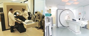 Foto links: 1977 sorgte am „Stilling“ der bundesweit erste Ganzkörper-Computertomograph außerhalb einer Uni-Klinik für Aufsehen. Foto rechts: Auch heute kommen in der Radiologie im Diakonie Jung-Stilling modernste Geräte zum Einsatz, so wie dieser Magnetresonanztomograph.