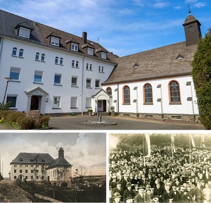 Vor 100 Jahren wurde der Grundstein für das Kloster Bruche gelegt. Als stationäres Hospiz erfüllt es heute eine wichtige Aufgabe in der regionalen Pflegelandschaft und trägt dabei den christlichen Geist des Ortes weiter. Unten links: Eine kolorierte Ansichtskarte aus dem Jahr 1928 zeigt das Klostergebäude in den Anfangstagen. Unten rechts: Bei der Grundsteinlegung am 13. Juni 1926 waren laut zeitgenössischer Presseberichte wohl etwa 3000 Menschen zugegen. Fotos: Diakonie in Südwestfalen/Archiv Betzdorfer Geschichte e.V. 